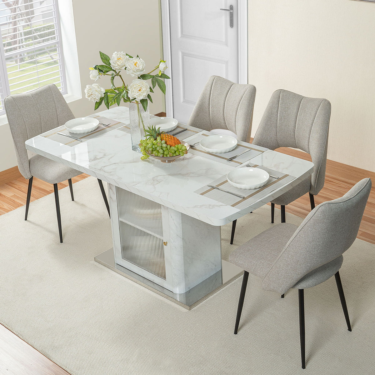 Modern Rectangle Dining Table With Stretchable Top, Storage Cabinet
