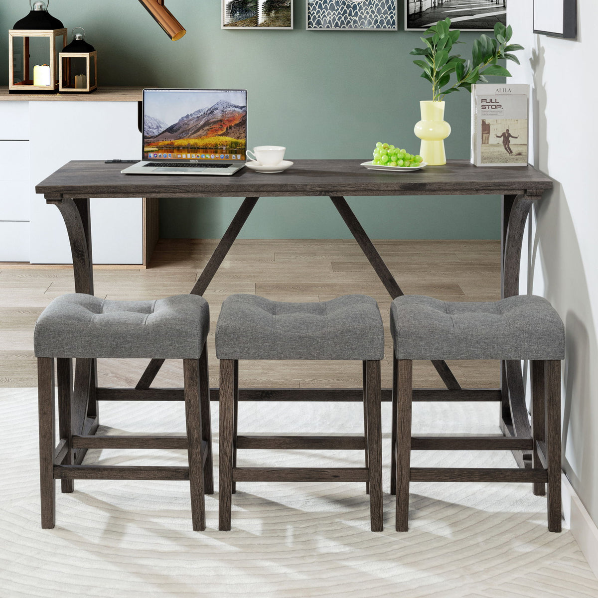 Bar Table Set With 3 Padded Stools