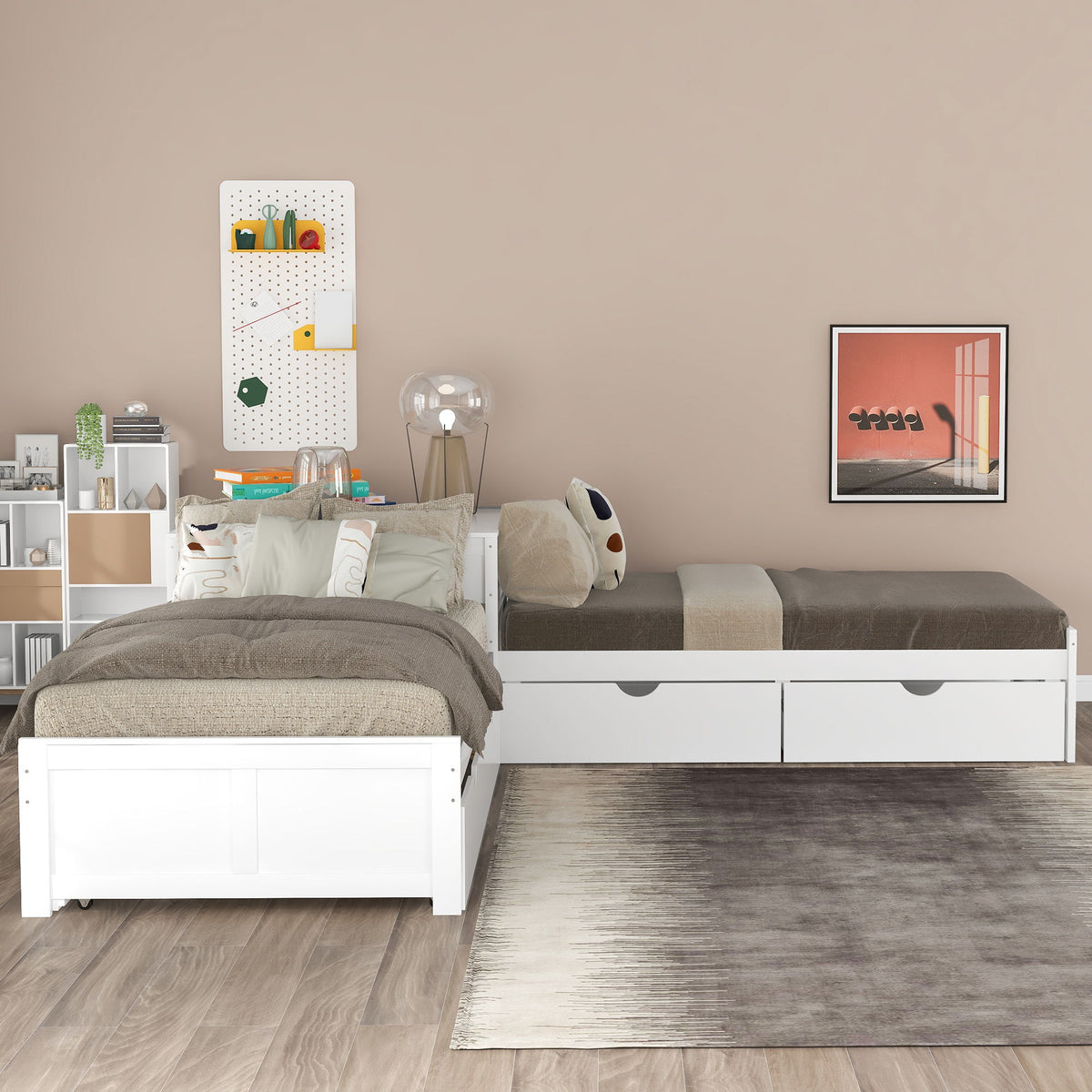 L Shaped Platform Bed With Trundle And Drawers Linked With Built In Desk