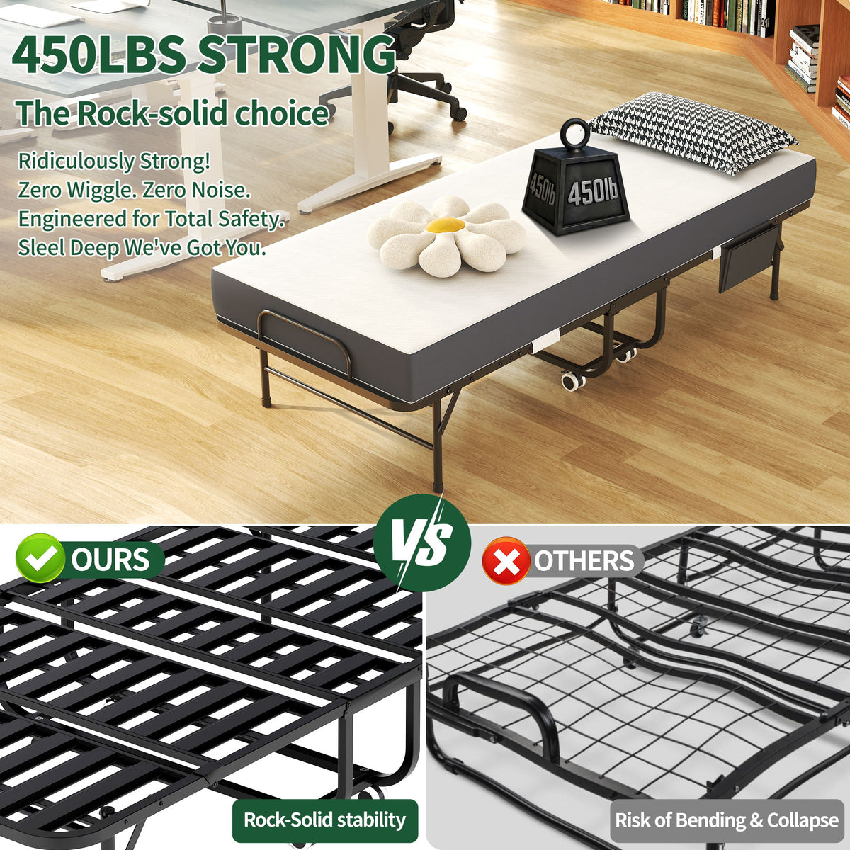 Twin Folding Bed With Memory Foam Mattress, Space Saving Rollaway Guest, On Wheels, Portable For Adults & Guests - Black