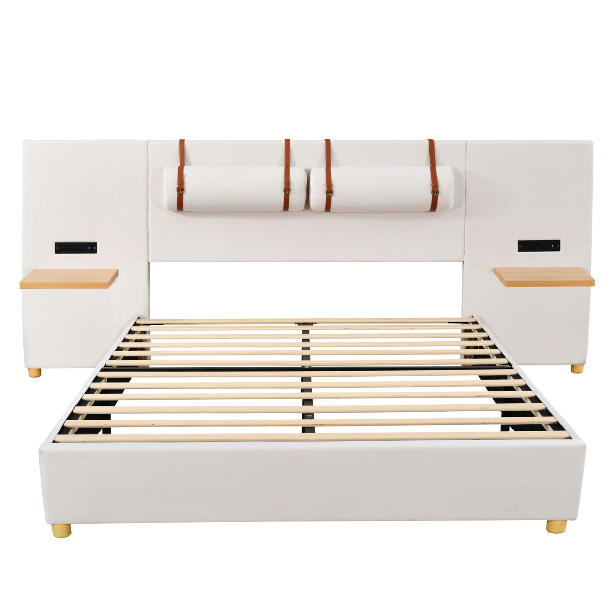 Upholstered Platform Bed, 2 Outlets And USB Charging Ports On Both Sides, 2 Bedside Pillows, Storage Shelves