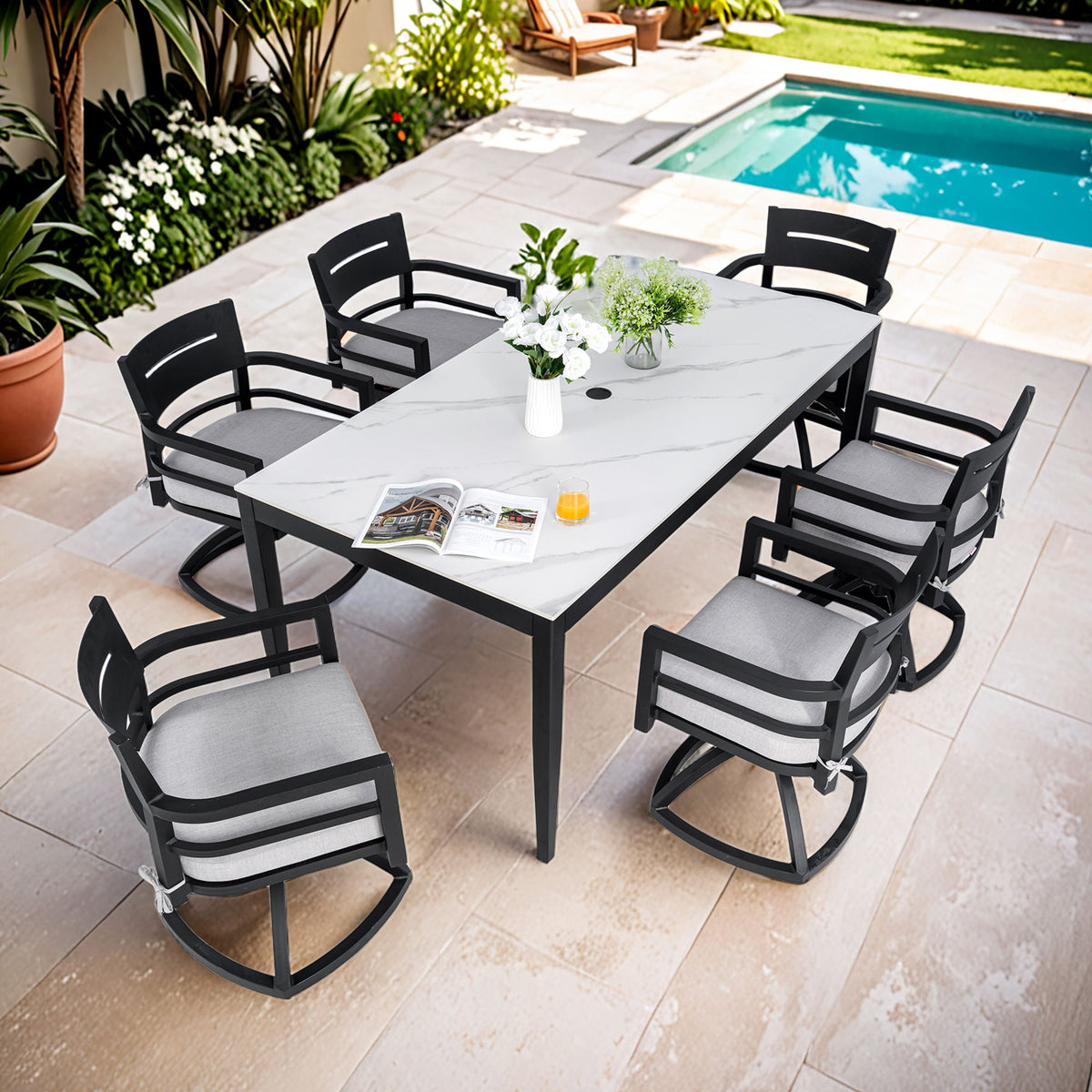 Modern Outdoor Patio Dining Set With Table And Chairs With Sunbrella Cushions