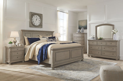 Lettner - 6 Pc. - Dresser, Mirror, Chest, Queen Panel Bed, 2 Nightstands - Light Gray