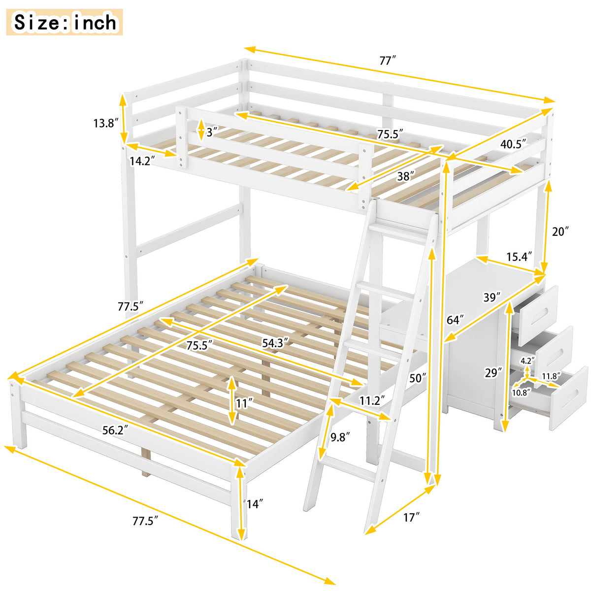 Bunk Bed With Built In Desk And 3 Drawers