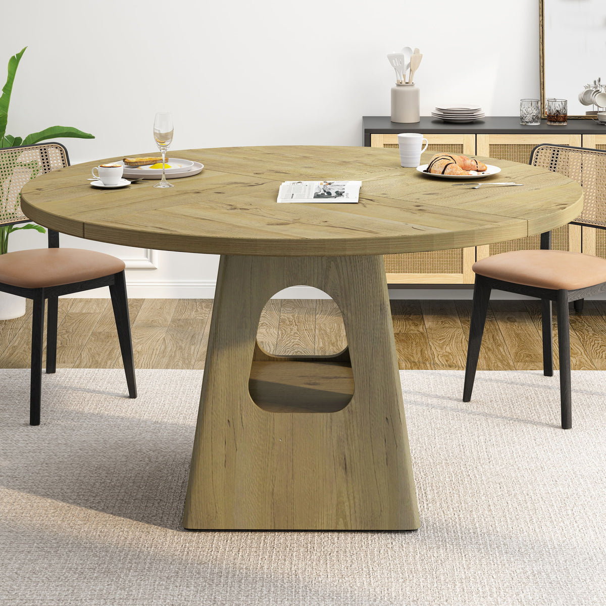 Farmhouse Round Dining Table With Storage Base