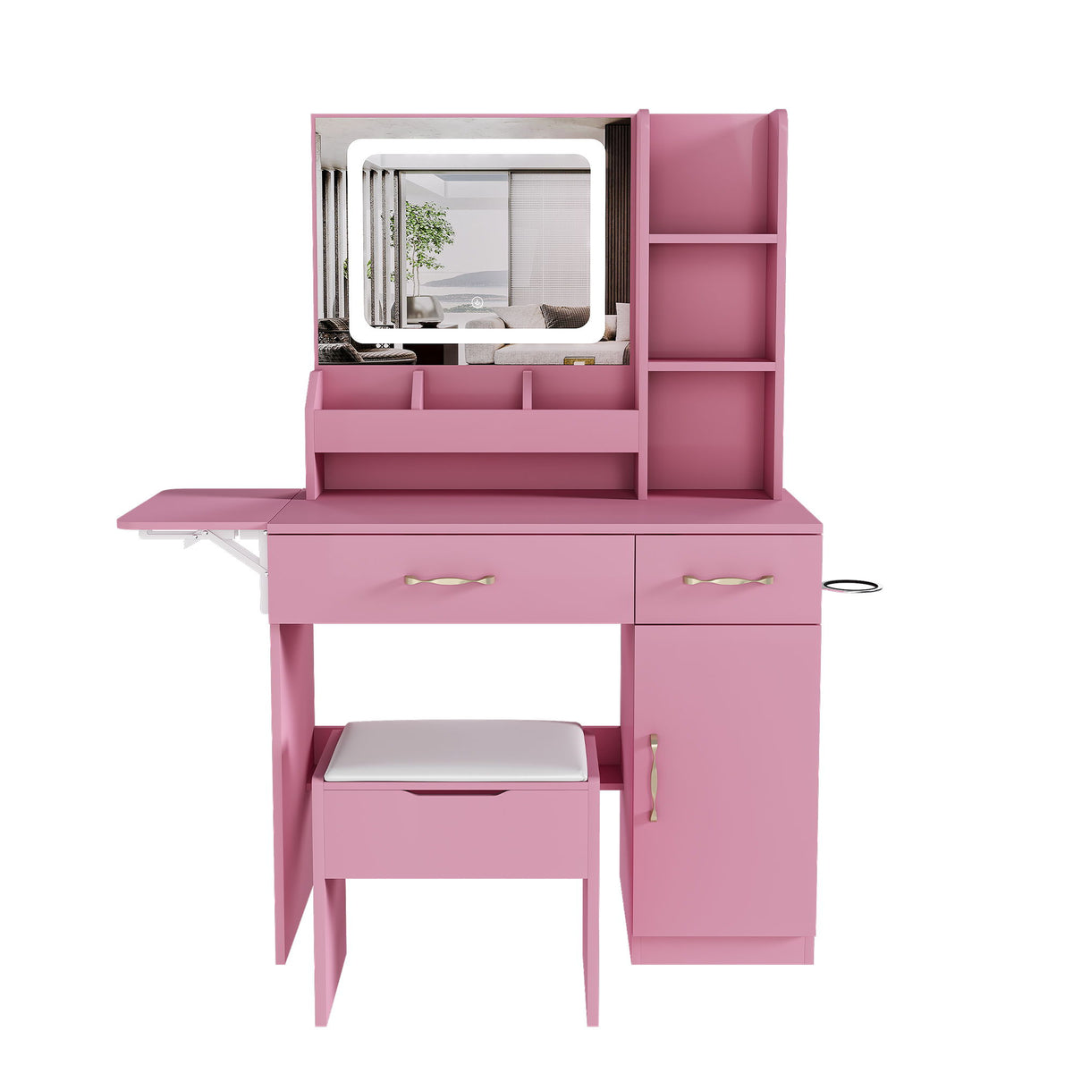 Vanity Desk With LED Mirror Lights And Charging Outlet