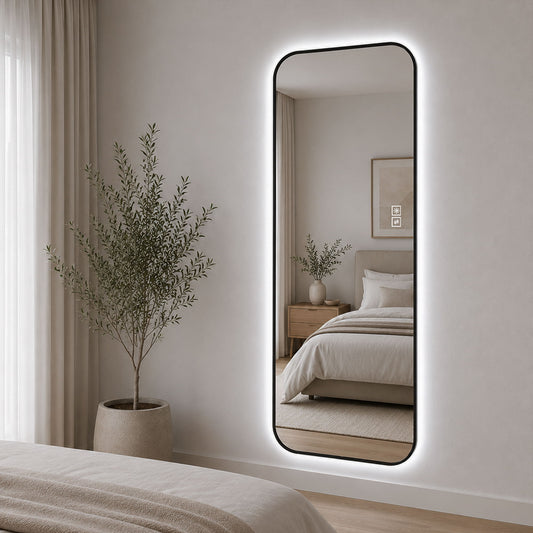 Oversized Backlit LED Full Length Mirror With 3 Color Temperatures, Wall Mounted For Bedroom - Black