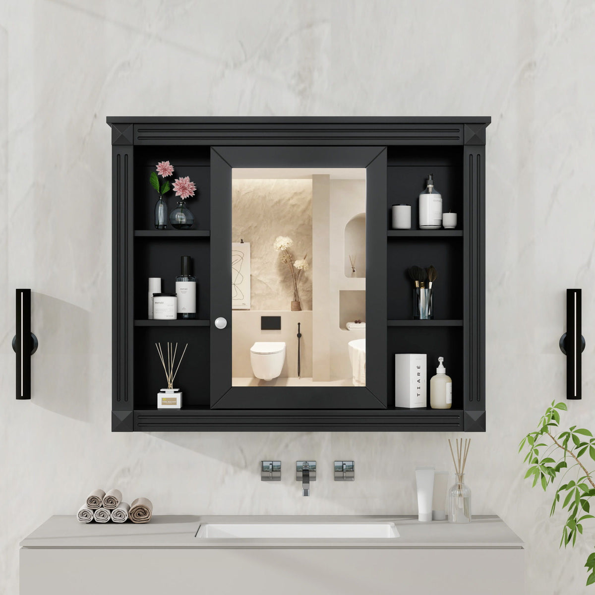 Wall-Mounted Bathroom Storage Cabinet With Mirror, 6 Open Shelves - Black