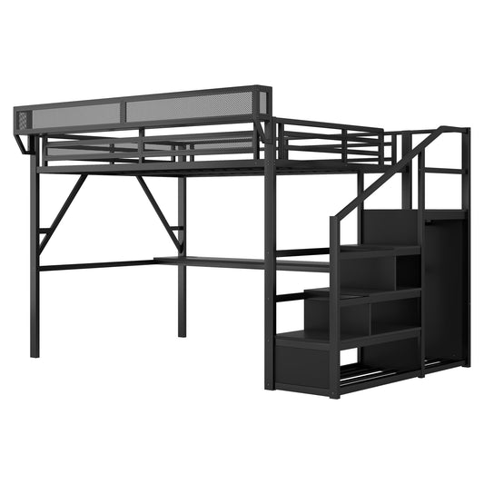 Loft Bed With Desk And Charging Station With Stairs And Light