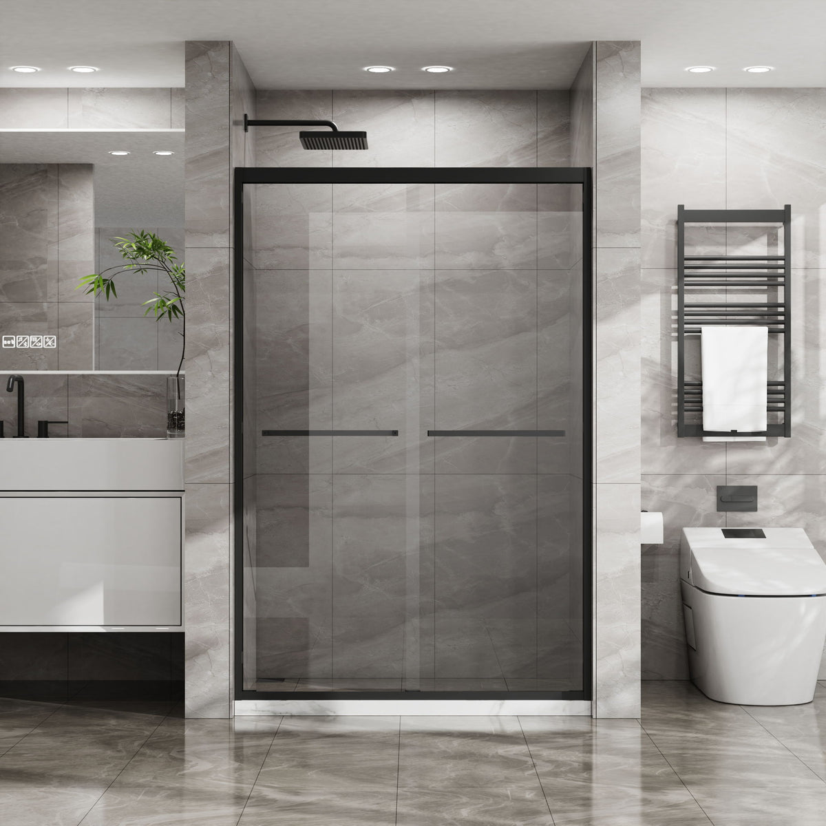 Matte Black Double Sliding Glass Shower Door With Aluminum Frame And SGCC Clear Tempered Glass - Black