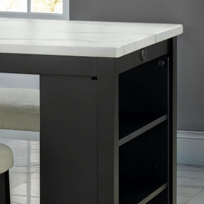 Dining Table Set With Storage Shelves, 3 Piece With 2 Stools - Black / Ivory / White
