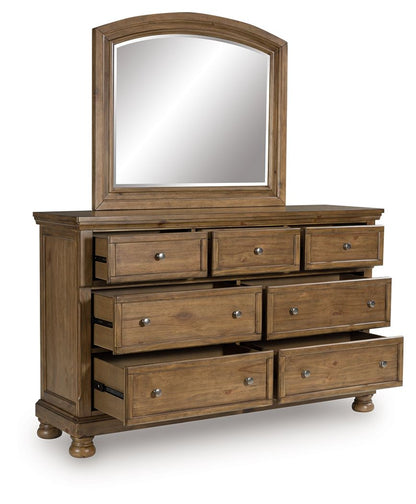 Feddinger - 5 Pc. - Queen Sleigh Storage Bed, Dresser, Mirror, Chest And Nightstand - Medium Brown