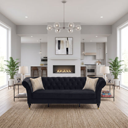 3 Seater Button Tufted Sofa With Rolled Arms, Living Room Couch With 2 Pillows - Black
