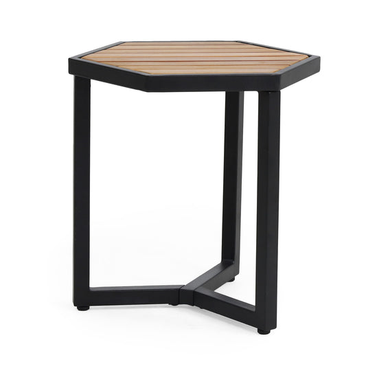 Outdoor Side Table With Iron Base And Slatted Top - Brown