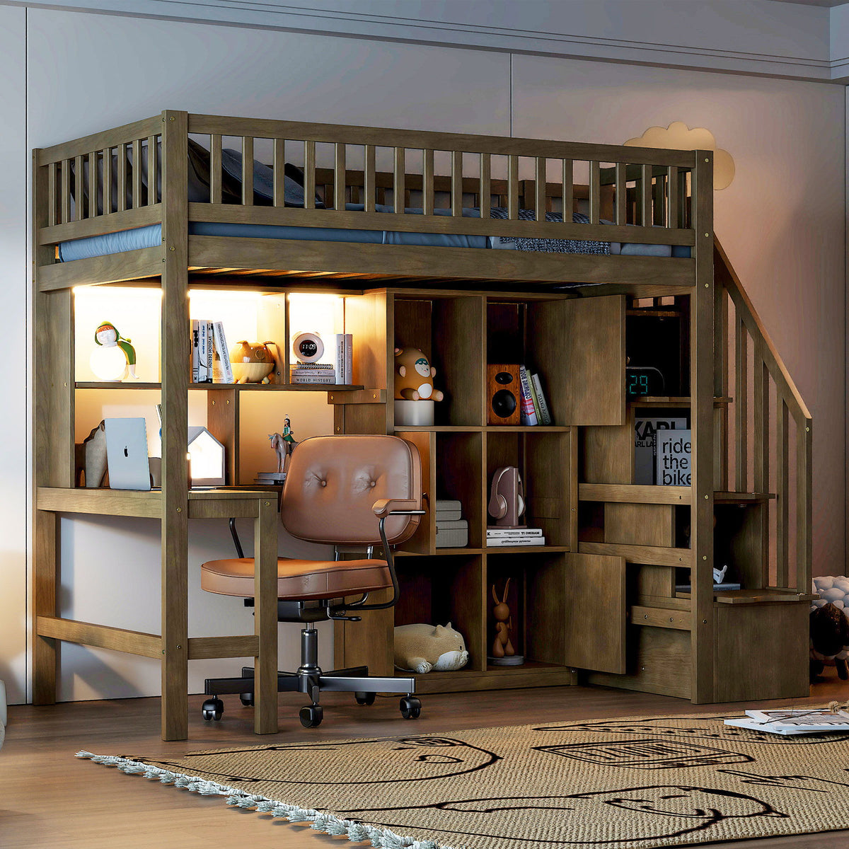 Loft Bed With Built In L Shaped Desk, LED Lights, Storage Shelves, Cabinets, And Staircase