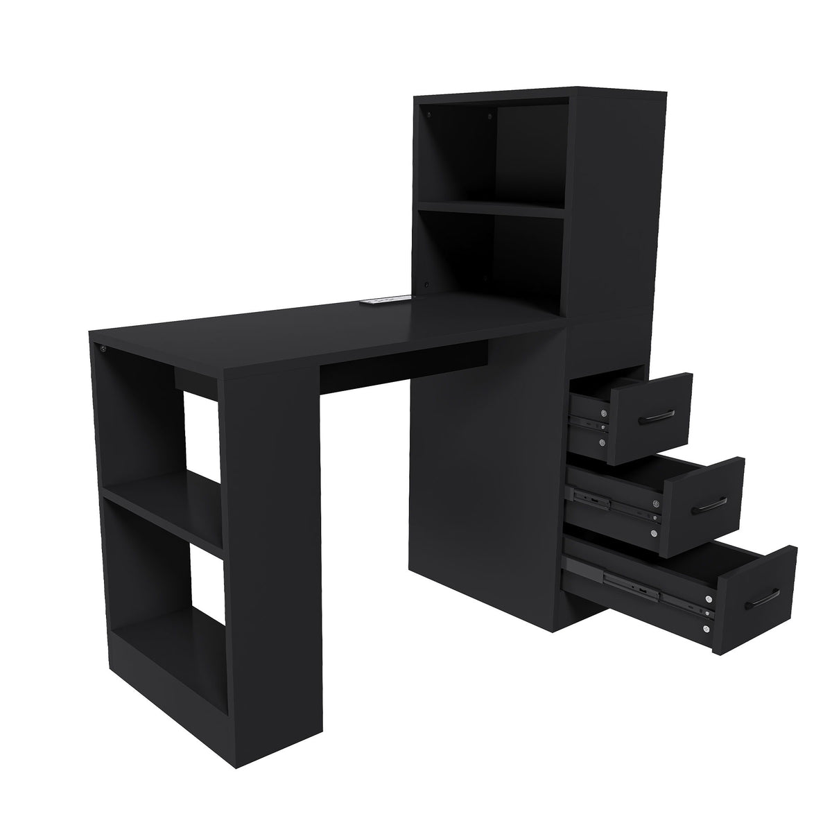 Computer Desk With 4 In 1 Socket, 3 Slide Drawers And 4 Storage Levels, For Home Office - Black