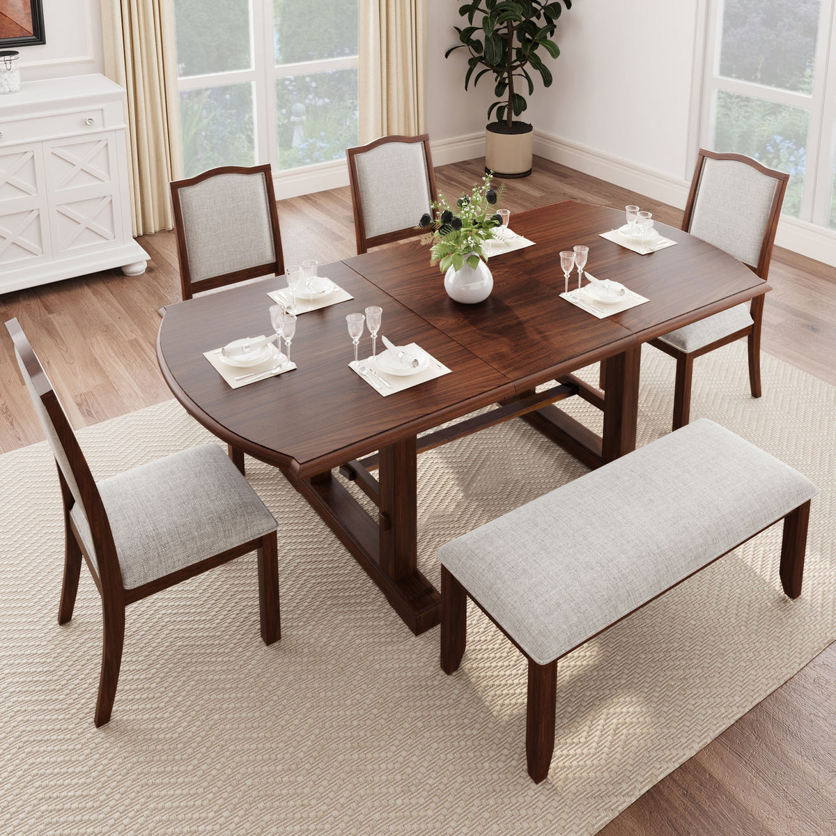 6 Piece Extendable Dining Table Set, Wood Table With Removable Leaf, 4 Upholstered Chairs And Bench - Cherry