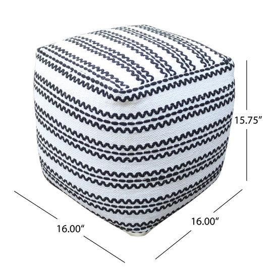 Lani - Handcrafted Fabric Pouf, Durable Cotton Square - Natural / Black