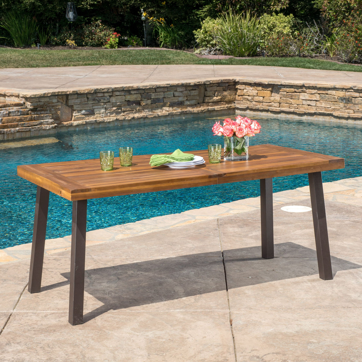 Della - Modern Industrial Dining Table With Acacia Wood Top - Teak