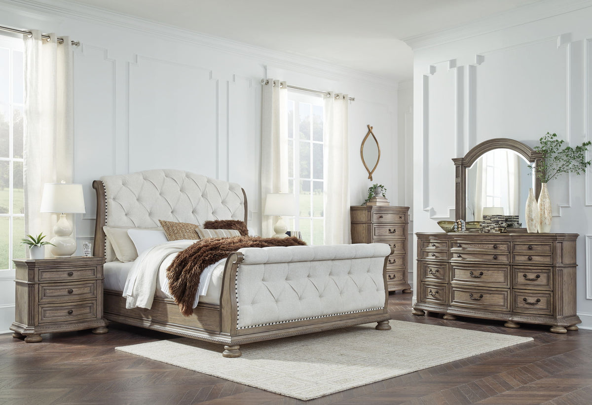 Ardenfield - 3 Pc. - Dresser, Mirror, King Upholstered Sleigh Bed - Light Brown