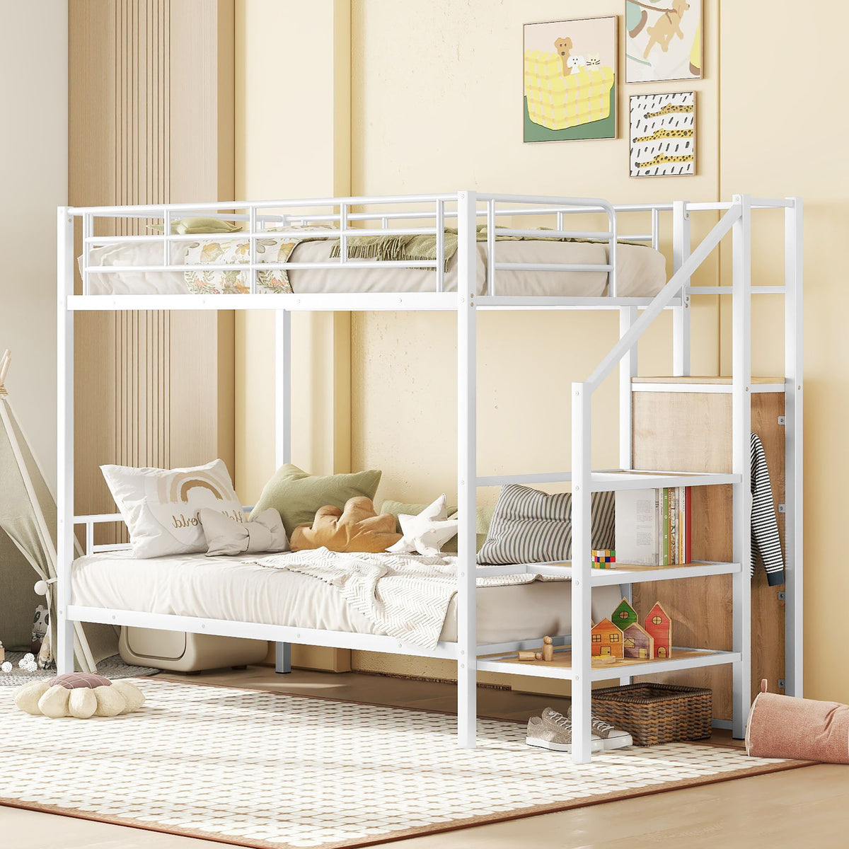 Bunk Bed With Lateral Storage Ladder And Wardrobe