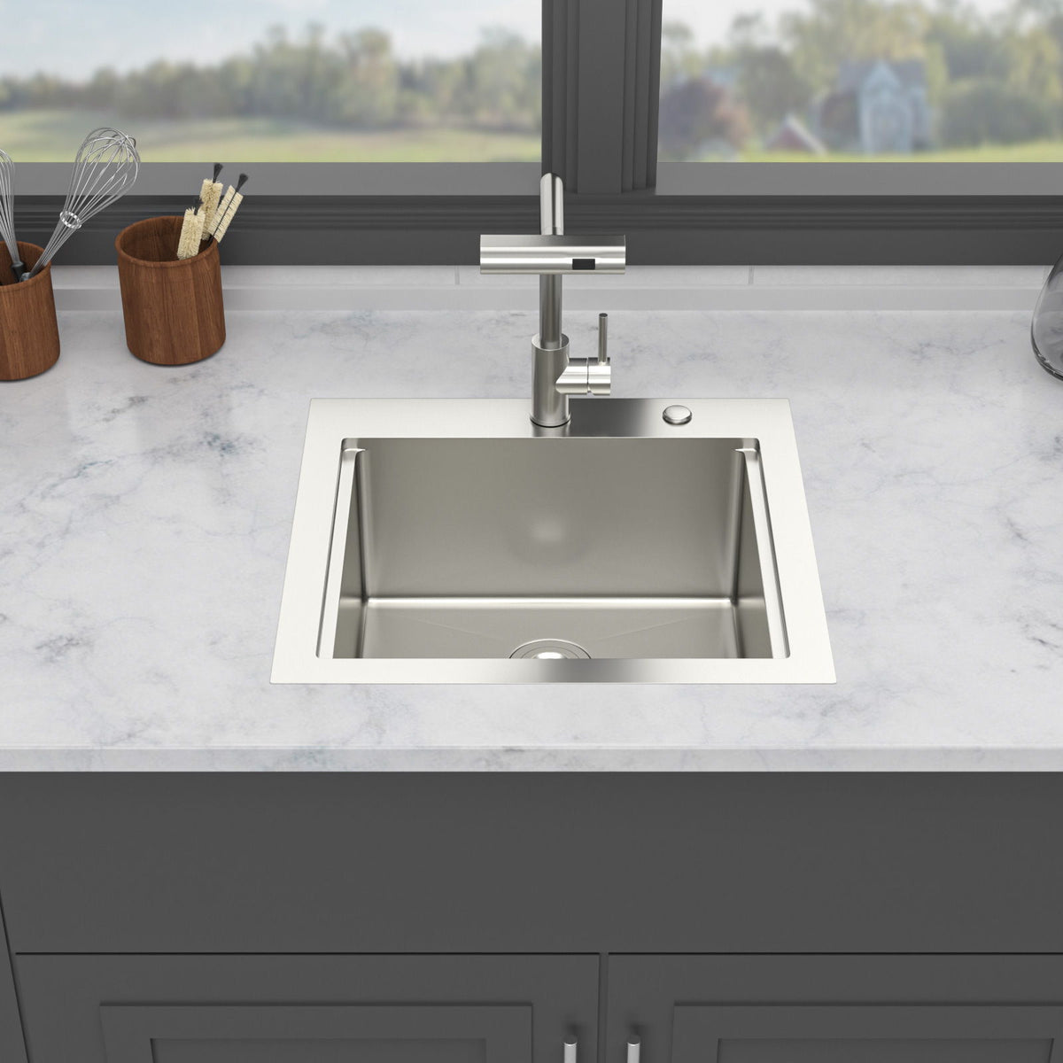21" Drop In Kitchen Sink With Pull Out Faucet And Sink Cover, 16 Gauge - Brushed Nickel