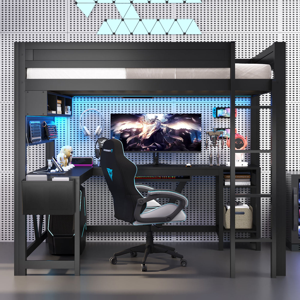 Gaming Loft Bed With Desk, Storage Shelves, LED And Charging Station