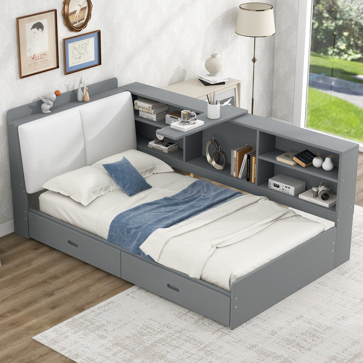 Platform Bed With Storage Headboard, Shelves And 2 Drawers
