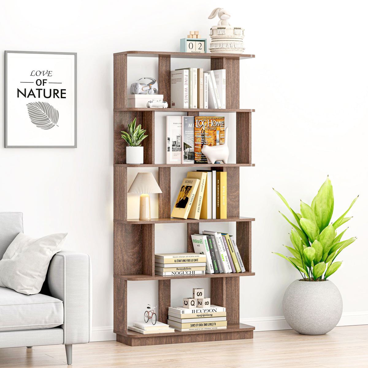 5 Tier Open Bookshelf, Free Combination Storage Shelving For Living Room - Dark Brown