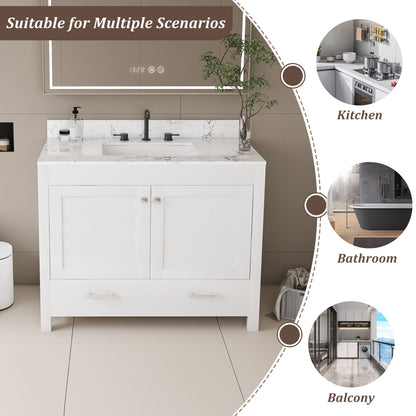 43" Bathroom Vanity With Artificial Marble Carrara Top Set, Multi Functional Bathroom Cabinet With Doors And Drawer - White