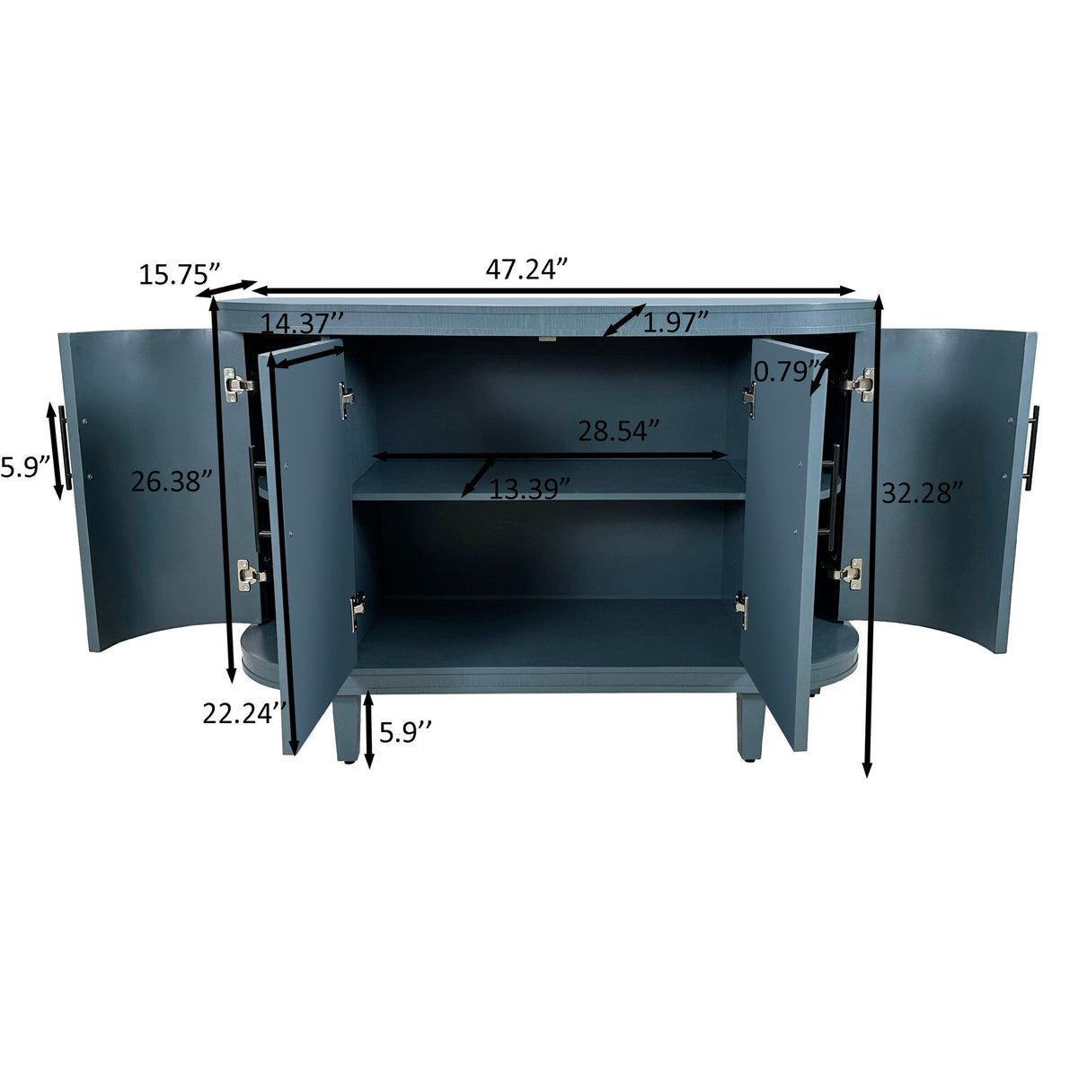 Curved Sideboard Wooden Console Table With 4 Doors And Adjustable Shelves For Living Room - Blue