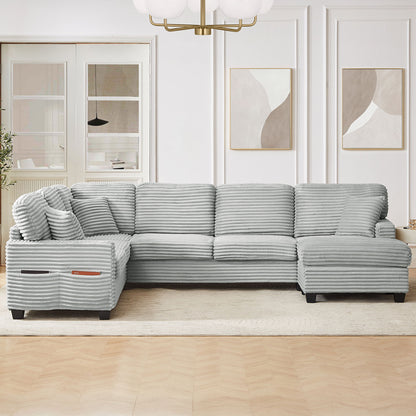 Upholstered U-Shaped Sectional Sofa With Movable Ottoman And Side Storage Pockets