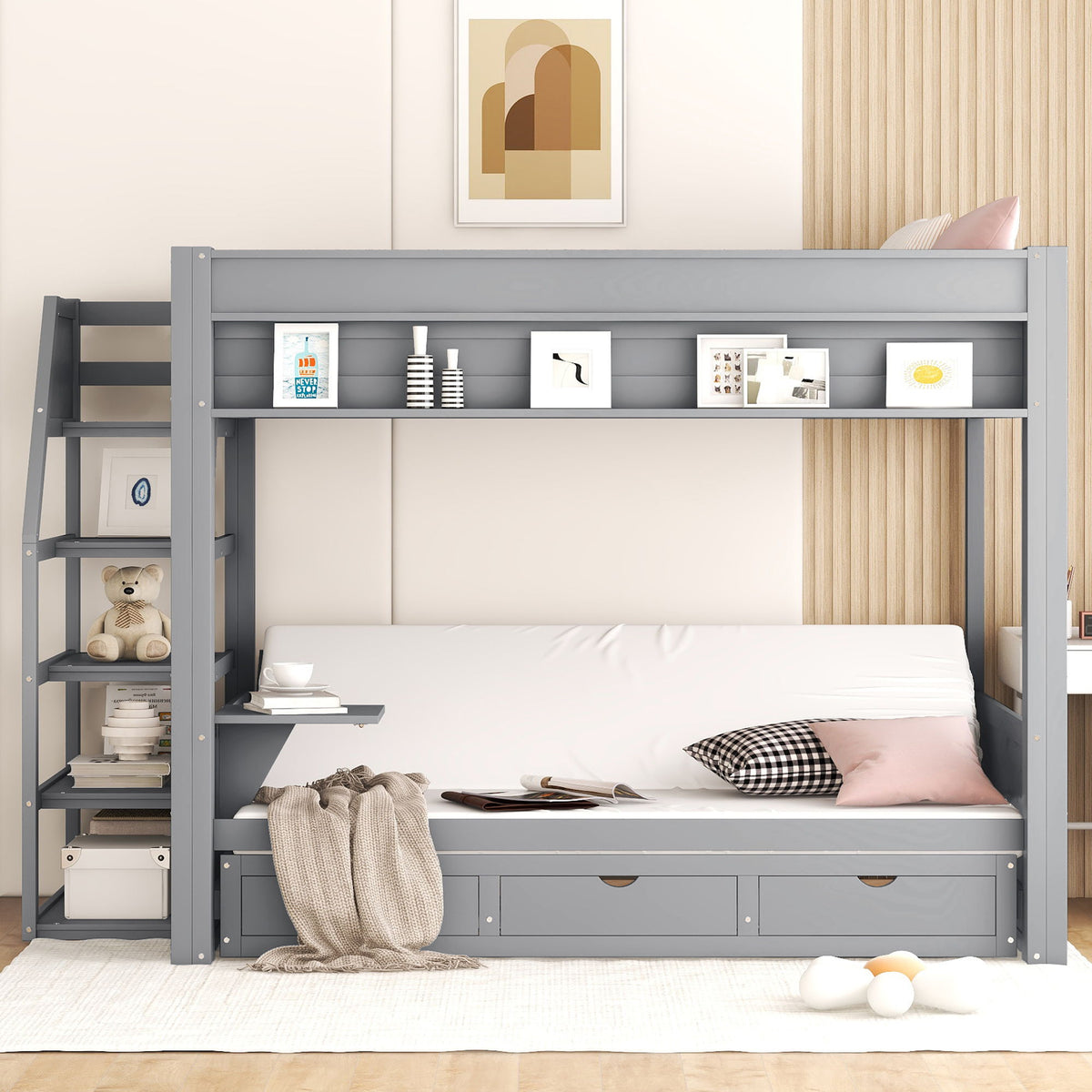 Wood Full Size Convertible Bunk Bed With Storage Staircase, Bedside Table, And 3 Drawers - Gray