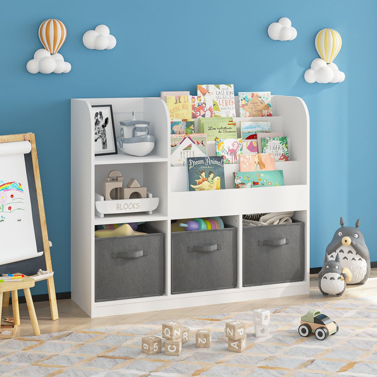 Bookcase And Bookshelf With 3 Collapsible Drawers, Multifunctional Display Stand