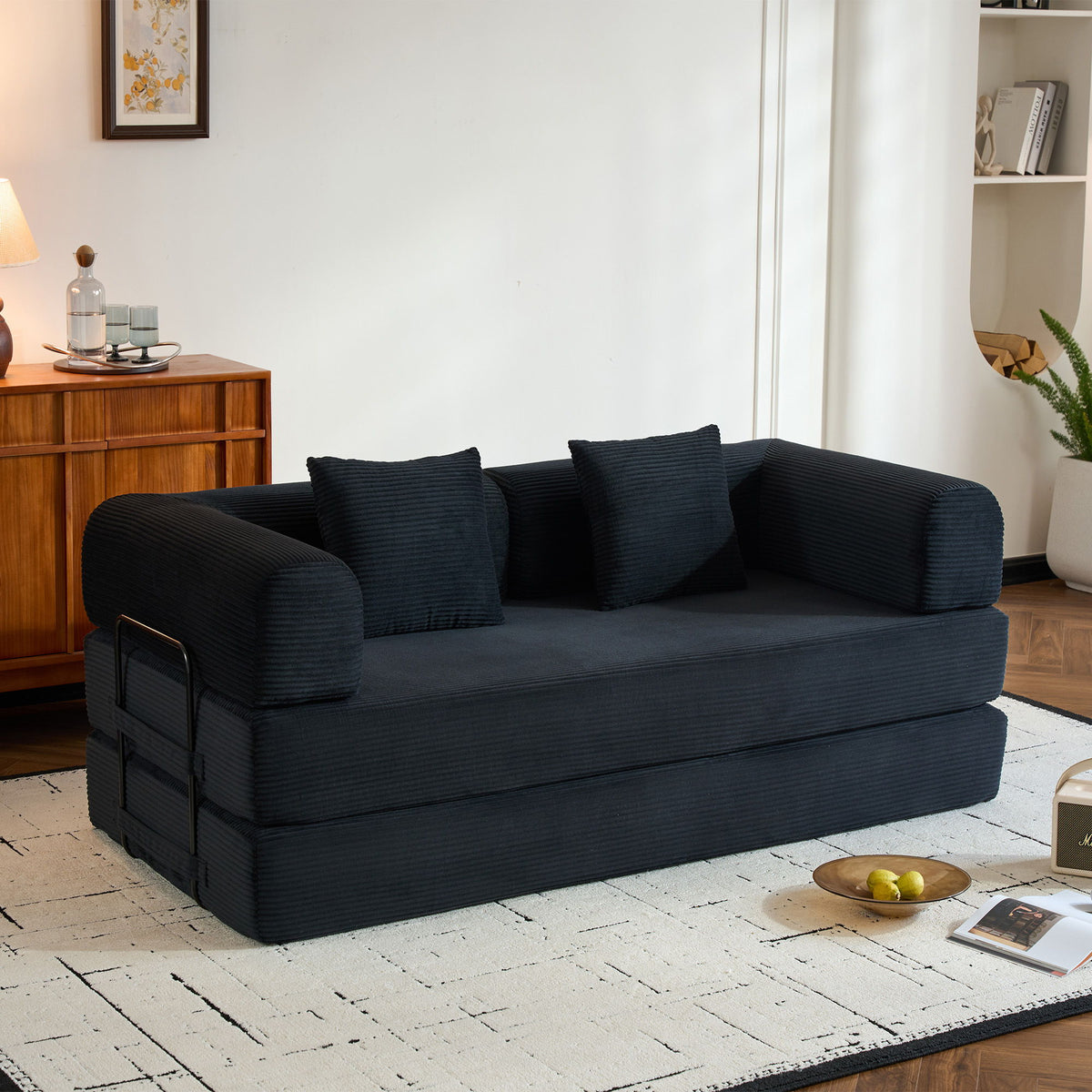 Convertible Sleeper Sofa Bed With Cylindrical Pillow, With Fixed Shape Frame