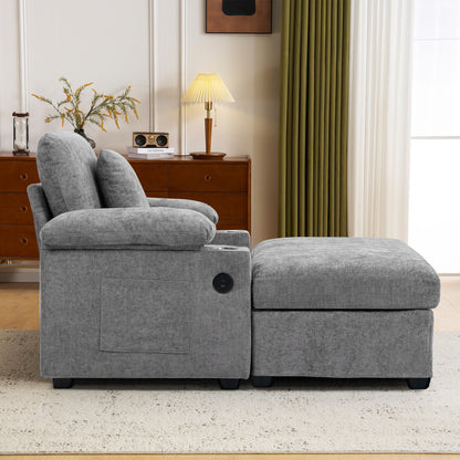 Modern Oversized Chair With Ottoman, Chenille Fabric Sofa Bed, Accent Chair Comfy Sofa With Cupholders And USB Charging Ports Chair For Living Room - Gray