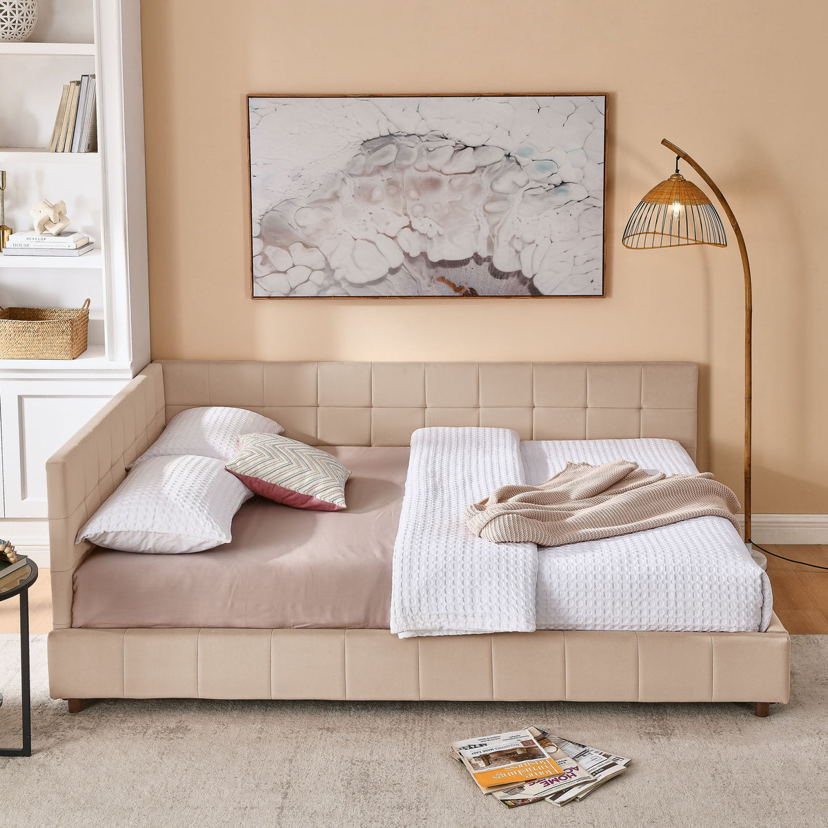 Mid-Century Storage Upholstered Tufted Bed Frame With Backrest And Armrests
