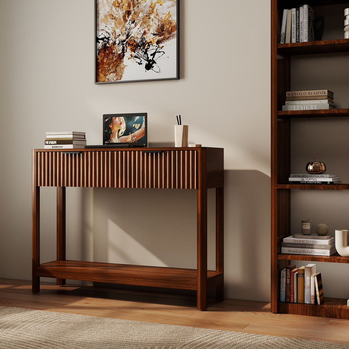 Mid-Century Modern Fluted Console Table With 2 Drawers & Open Shelf, Walnut Finish Narrow Entryway Table, Slim Sofa Table For Hallway, Living Room, Small Spaces, Easy Assembly