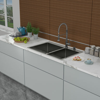 Double Bowl Kitchen Sink 16 Gauge 33" X 22" With 2 10" Deep Basins - Gunmetal Black