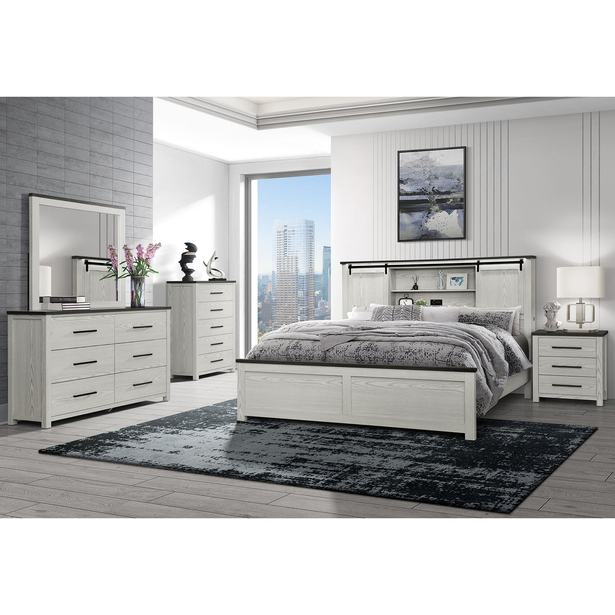Avery - King Bedroom Set With Bookcase Headboard, Low Profile Bed, Spacious Drawers - Beige
