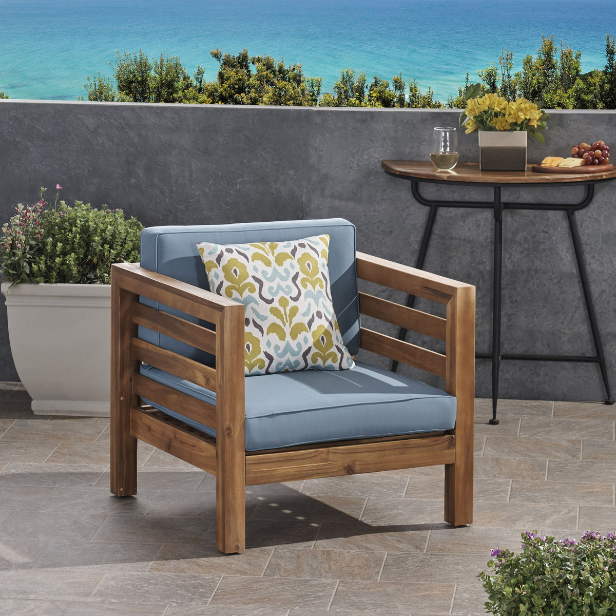 Outdoor Acacia Wood Patio Chair With Fabric Cushion