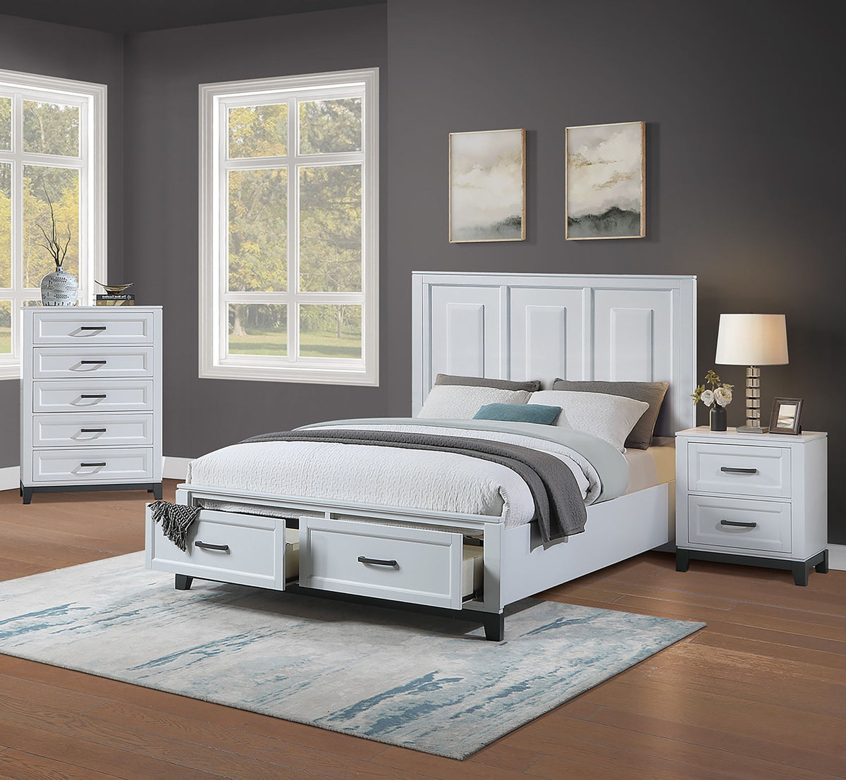 3 Piece Bedroom Furniture Panel Headboard White Eastern King Size Bed W Underbed Drawers Nightstand Chest Gray