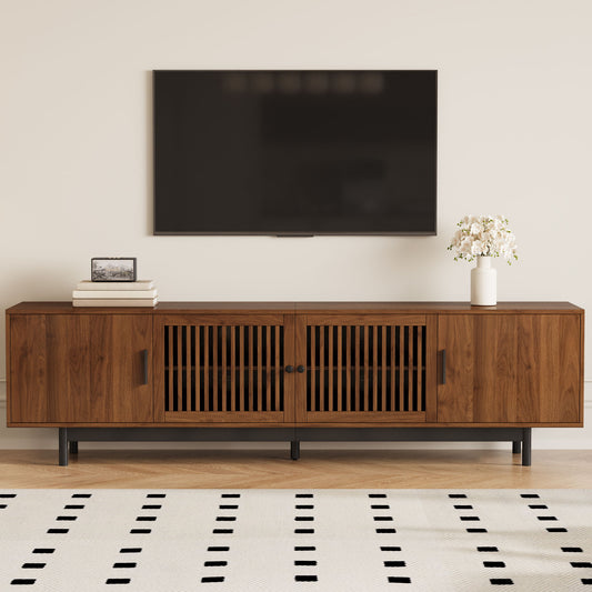 TV Stand, Media Console With Soft Closing Hinges, Adjustable Shelves, Slatted Doors - Walnut