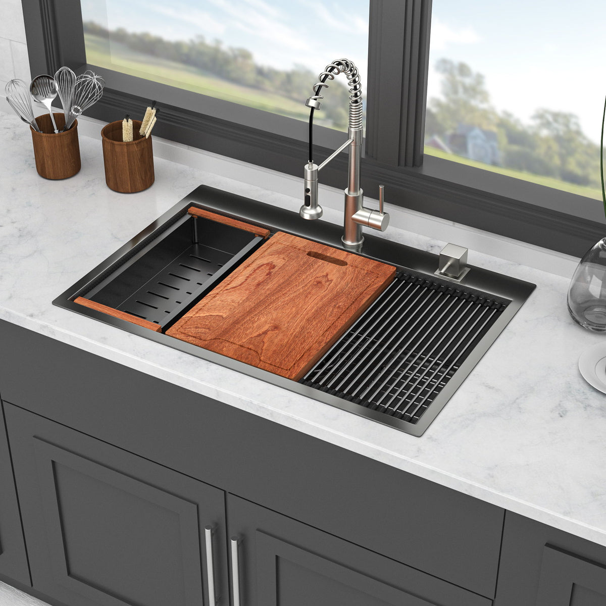 33" Drop In Kitchen Sink With Ledge Workstation, 16 Gauge Stainless Steel - Gunmetal Black