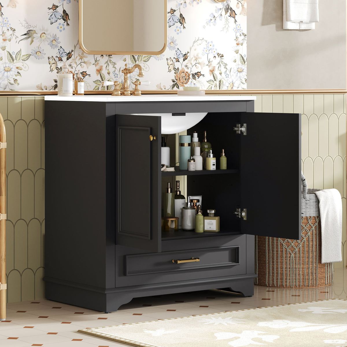 Bathroom Vanity With Sink, Cabinet & 2 Soft Closing Doors & Adjustable Shelf