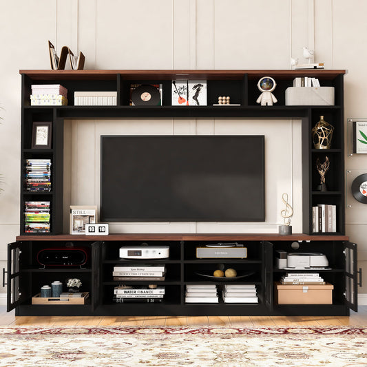 Wall Unit Entertainment Center With Bookshelves For TVs Up To 80", Tempered Glass Doors And Adjustable Shelves