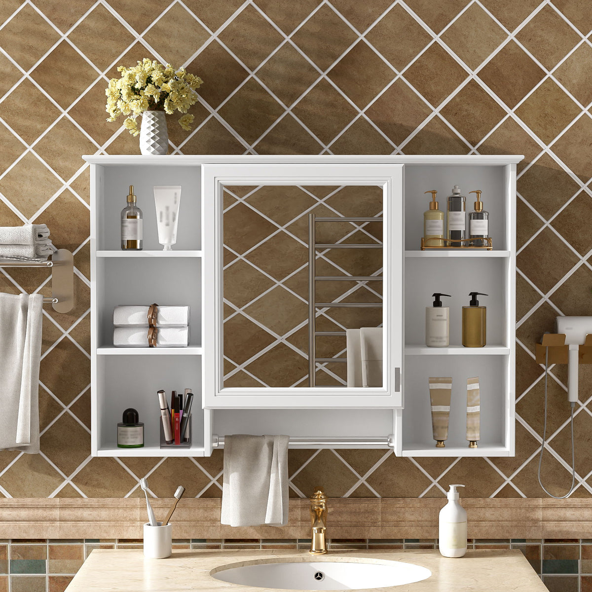 3 In 1 Bathroom Mirror Cabinet With Adjustable Shelf, Soft Close Door, High Definition Mirror & Towel Bar - White
