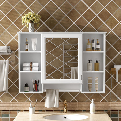 3 In 1 Bathroom Mirror Cabinet With Adjustable Shelf, Soft Close Door, High Definition Mirror & Towel Bar - White