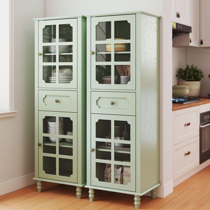 Storage Cabinet, Freestanding Curio Cabinet With Grid Doors & Drawer, Pantry Display Cabinet For Kitchen