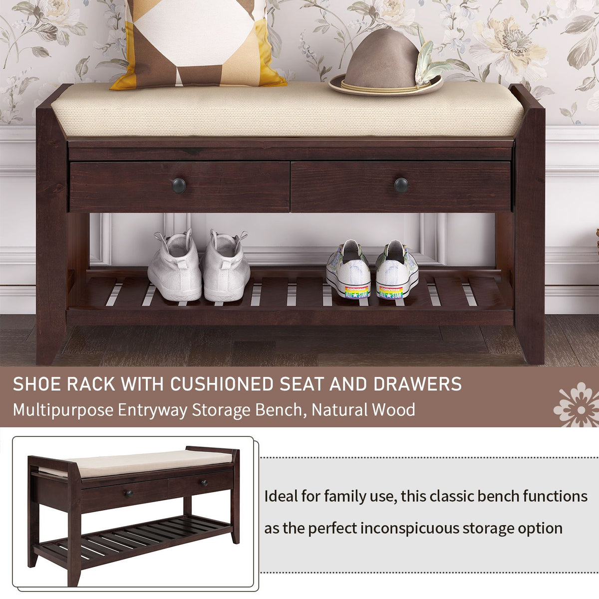 Multipurpose Entryway Shoe Rack With Cushioned Seat And Drawers